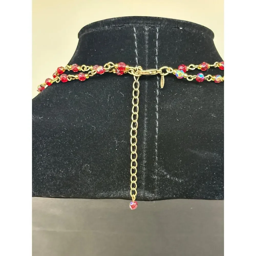 AVON Vintage Maltese Festoon Nina Ricci Necklace Rhinestone Medallion Red Gold - Picture 4 of 8